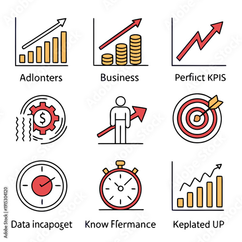 Business kpi set with graphs clocks targets and people charts