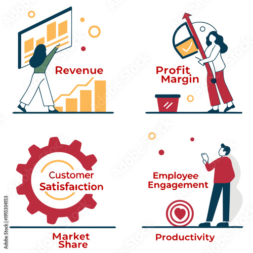Business kpi set with people and graphs and targets