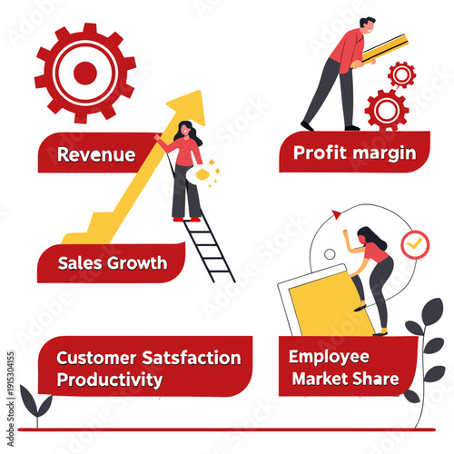 Business kpi set with people and gears