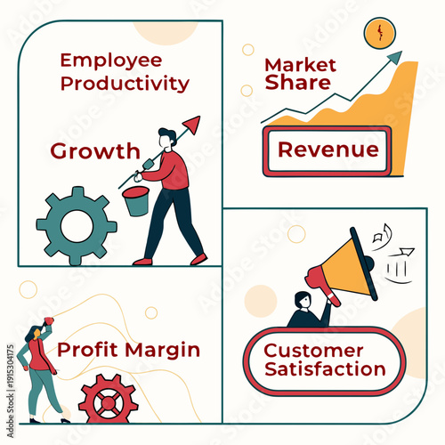 Business kpi set with people and graphs growth 1