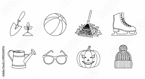 A diverse collection of illustrated objects including a watering can, sunglasses, and more Vector