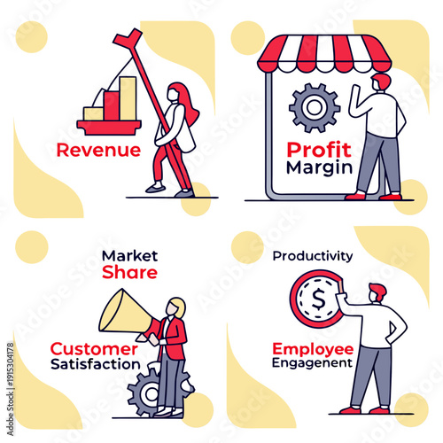 Business kpi set with people and symbols for revenue profit margin customer satisfaction market