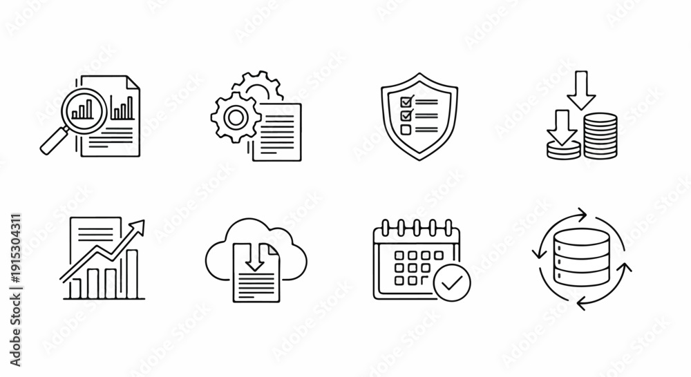 Fototapeta premium Icons representing various aspects of data management and analysis Vector