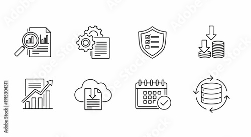 Icons representing various aspects of data management and analysis Vector