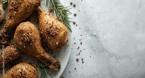Overhead image showing chicken drumsticks dusted with rosemary and spices on an empty background
