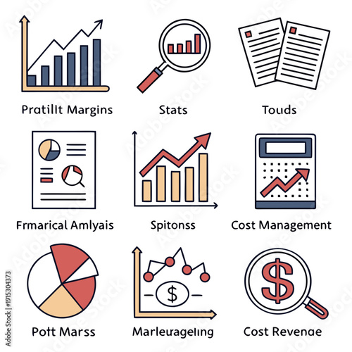 Business margin analytics set of 8 colorful with graphs charts and calculators finance