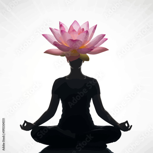 Silhouette of a woman in lotus position with lotus flower on her head, symbolizing meditation and mindfulness.
