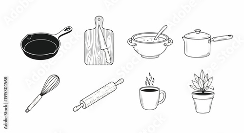 A variety of cooking utensils and ingredients arranged in a row. Vector