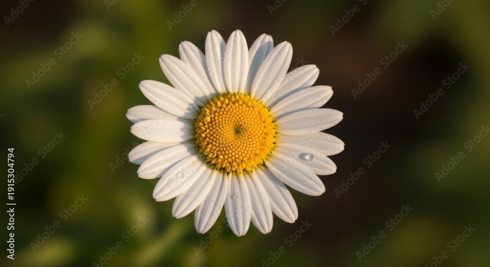 Fototapeta premium Close-up of white daisy flower with dew drops on green