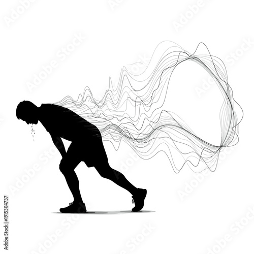 Silhouette of a man exhausted after running with abstract smoke effect.