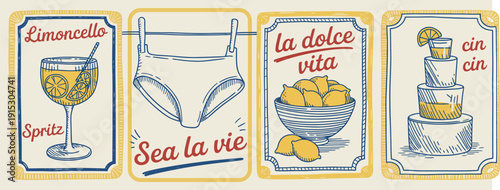 Summer Italy La Dolce Vita Vintage Travel Poster, Amalfi and Sicily Inspired Wall Art Print, Retro Vector Postcard Stamp with Emblem, Placard Design, and Decorative Frame Border Illustration