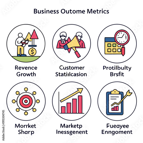 Business outcome metrics with revenue growth customer satisfaction profitability market share
