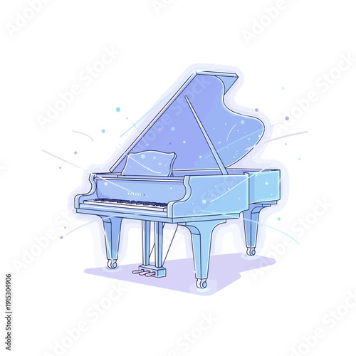 Illustration of a blue grand piano with an open lid.