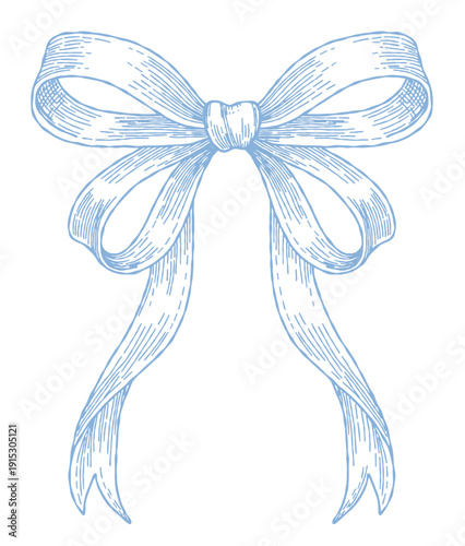 Blue vector bow sketch for baby shower and luxury gift design. Elegant hand-drawn ribbon illustration for vintage wedding invites. Isolated pastel blue ink drawing of a classic decorative knot.