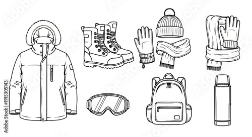 Essential winter gear for outdoor adventures and sports activities Vector