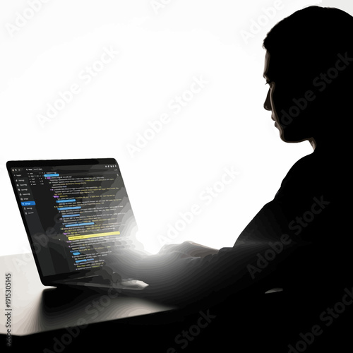 Silhouette of a person using a laptop with code on the screen, concept for coding or hacking.