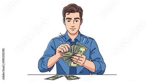 Illustration of a man counting money at a table, representing financial management and wealth.