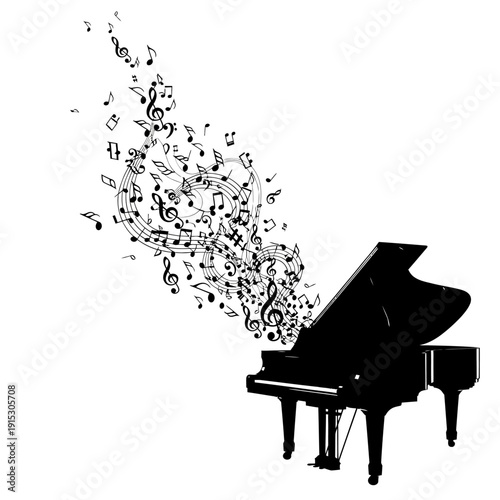 Grand piano with musical notes flowing out, creating a dynamic and artistic composition.