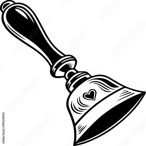 Black and white vintage hand bell vector illustration with heart icon in retro tattoo style