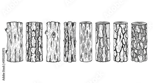 A collection of six distinct tree trunks showcasing various bark textures and patterns Vector