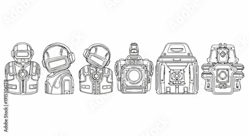 A collection of vintage kitchen appliances and tools illustrated in black and white Vector