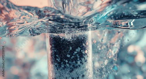 Filtered water passing through granular coal and ion exchange resin in a water filter cartridge showcasing purification process