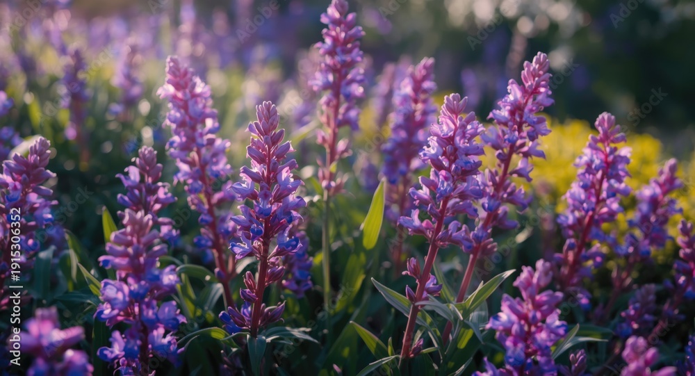 Obraz premium Vibrant purple blue flowering salvia nemorosa plants blooming in a landscaped garden