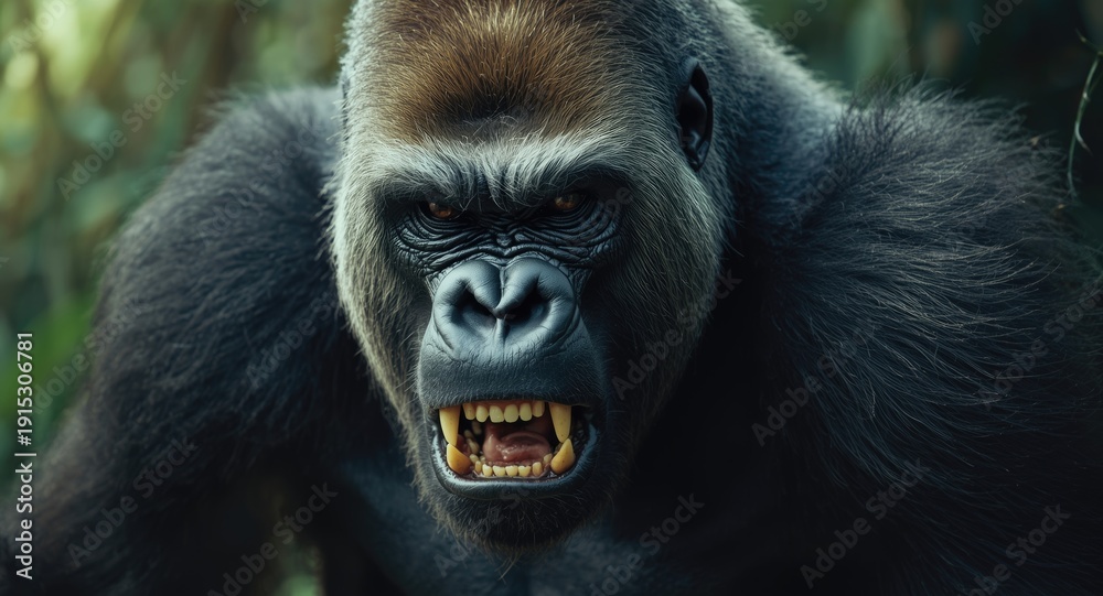 Obraz premium western lowland gorilla with powerful angry stance and sharp facial features
