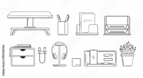 A collection of furniture and household items in a minimalist line drawing style Vector