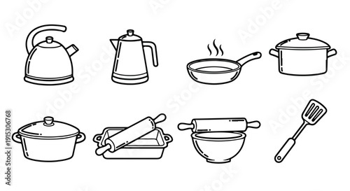 A variety of kitchen utensils and appliances illustrated in a simple line drawing Vector