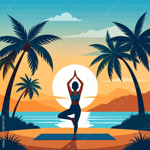 Woman practicing yoga in tree pose on beach at sunset in flat design style