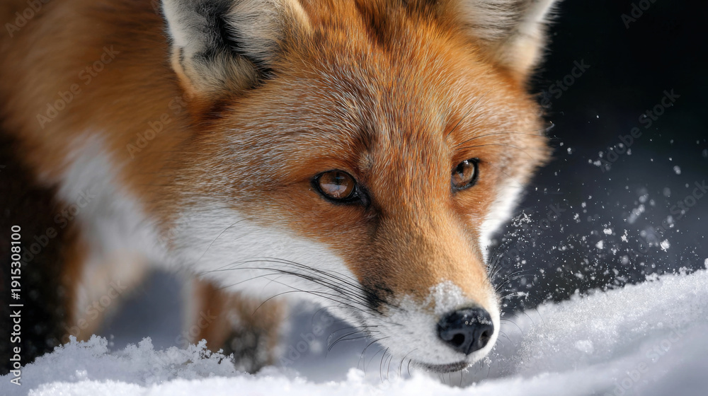 Obraz premium Red fox winter snow wildlife macro closeup fur nose eye alert red fox in winter snow wildlife macro closeup fur nose eye alert gaze hunting focus sensing prey detail natural light