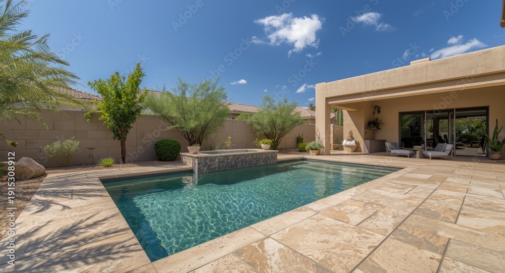 Fototapeta premium Modern desert backyard featuring a pebble tech swimming pool and travertine stone patio