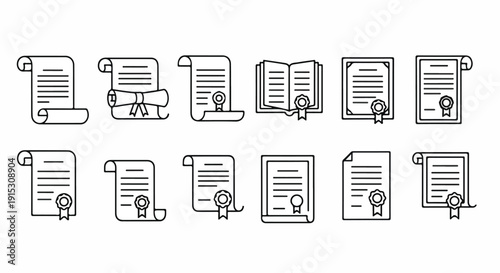 A collection of various ancient scrolls and documents with seals and ribbons. Vector