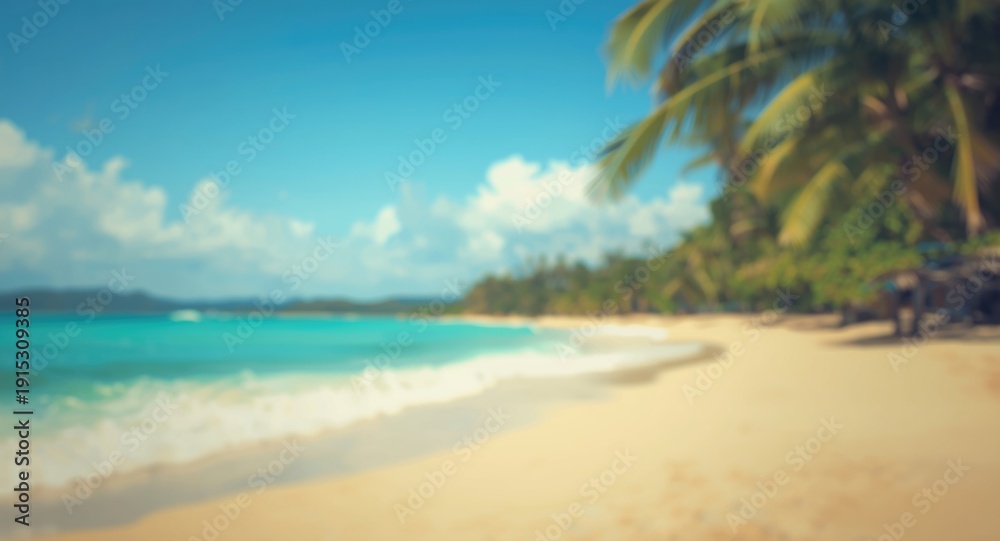 Naklejka premium Outdoor tropical shore with dreamy bokeh and dynamic bright wave background in vintage style for adventure copy space
