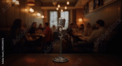 Historic microphone on a small eatery stage with a tastefully blurred setting