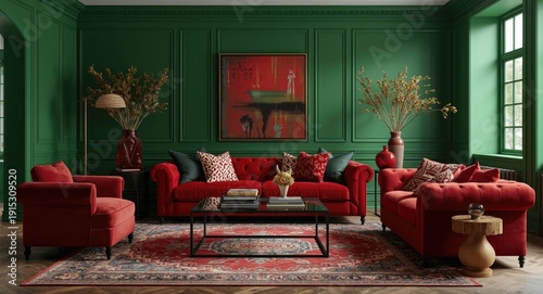 Stylish living room with gr...