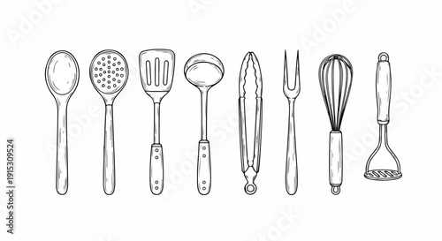 A variety of kitchen utensils displayed in a row, each with a unique design and purpose. Vector