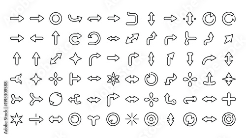 Arrow line icons set, minimal outline direction and navigation pointers, web interface and UI cursor symbols, movement indicators, clean modern thin stroke vector illustration.