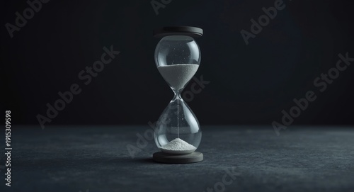 Countdown urgency portrayed by a sand hourglass on a dark floor area with copy space
