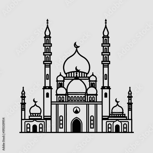 Mosque icon illustration featuring a grand dome and minarets, symbolizing Islamic architecture and culture in a simple, elegant design