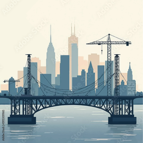 Modern cityscape with bridge and skyscrapers by water