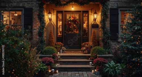 Warm and inviting seasonal embellishments decorate the doorstep of a stylish house