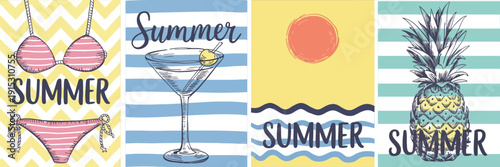 Summer Striped and Wavy Seamless Pattern with Swimsuit, Cocktail, Pineapple, Sun, and Sea Waves, Tropical Beach Vacation Stock Illustration for Fabric, Wrapping Paper, and Seasonal Design