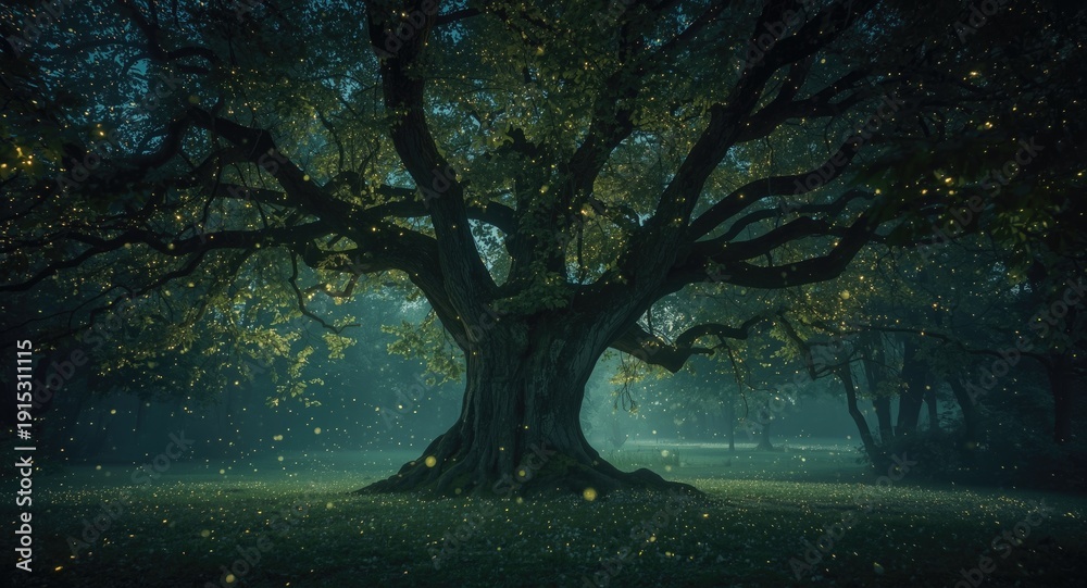 Fototapeta premium Fairy tale forest scene glowing with radiant fireflies and mystical night