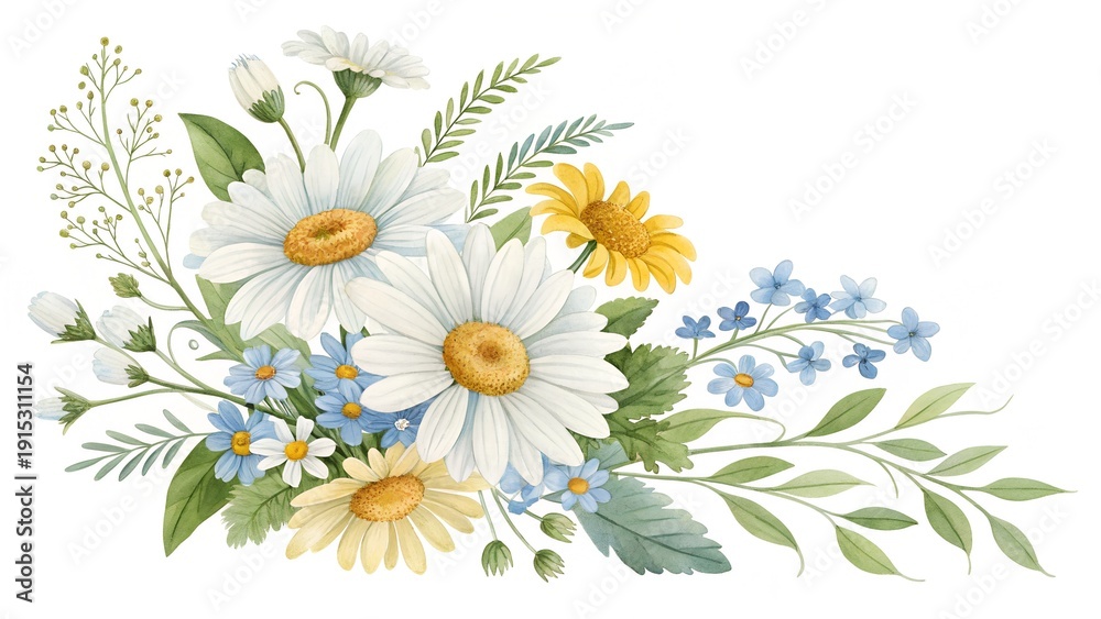 Fototapeta premium Bouquet of white daisies and chamomile flowers isolated on a bright background with yellow blossoms and fresh spring garden beauty