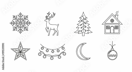 A collection of various holiday-themed illustrations including a snowflake, reindeer, tree, house, star, garland, moon, and bell Vector