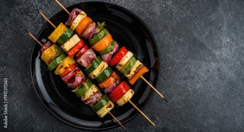 Overhead image of skewered ...