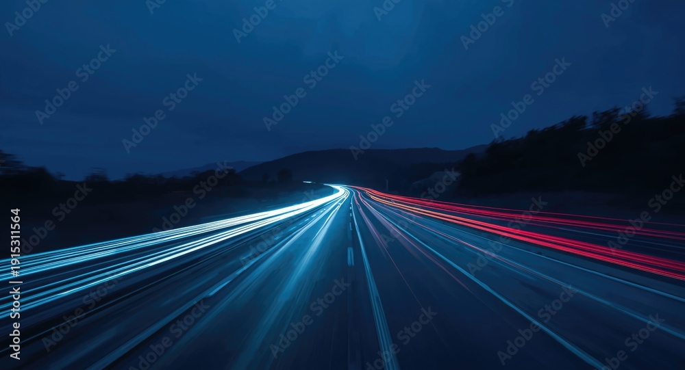Fototapeta premium Vivid light trails depicting motion and speed of vehicles on a nighttime highway