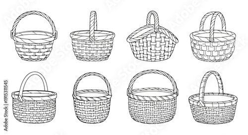 A collection of eight intricately woven baskets with various designs and handles. Vector